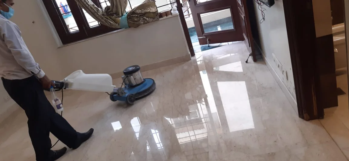 Diamond-polished marble floor with a mirror-like finish, AKS Facilities Gurgaon