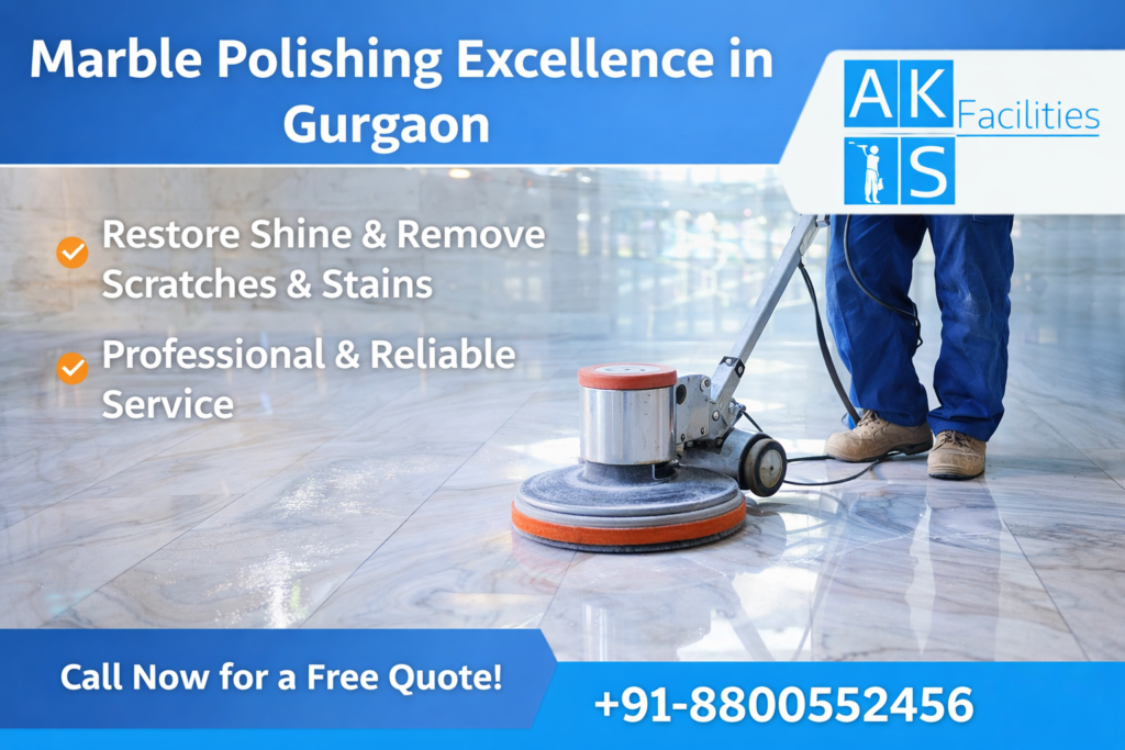 Marble floor polishing service in Gurgaon with machine operated by technician for AKS Facilities.