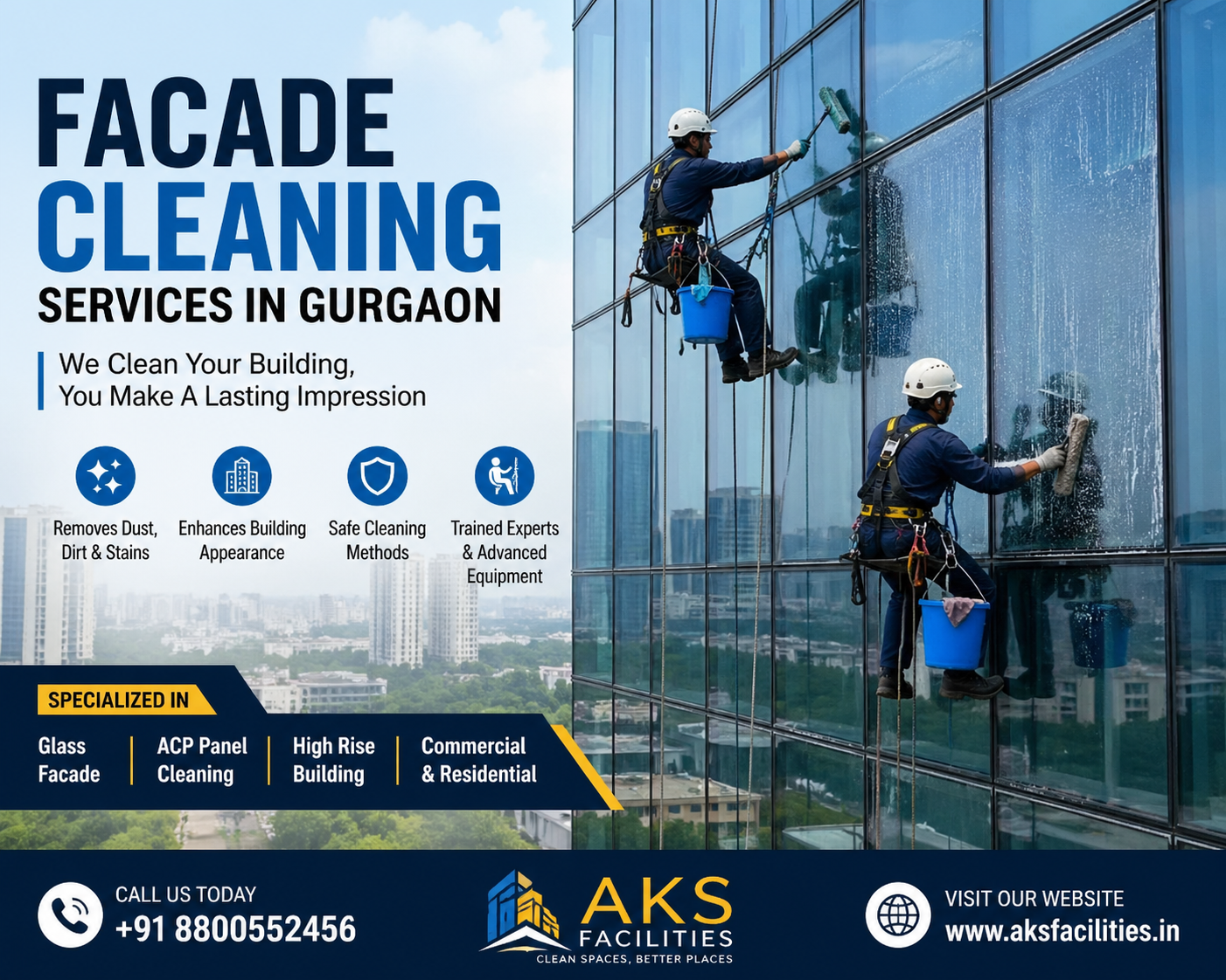 Professional facade cleaning services for glass and ACP buildings in Gurgaon by AKS Facilities