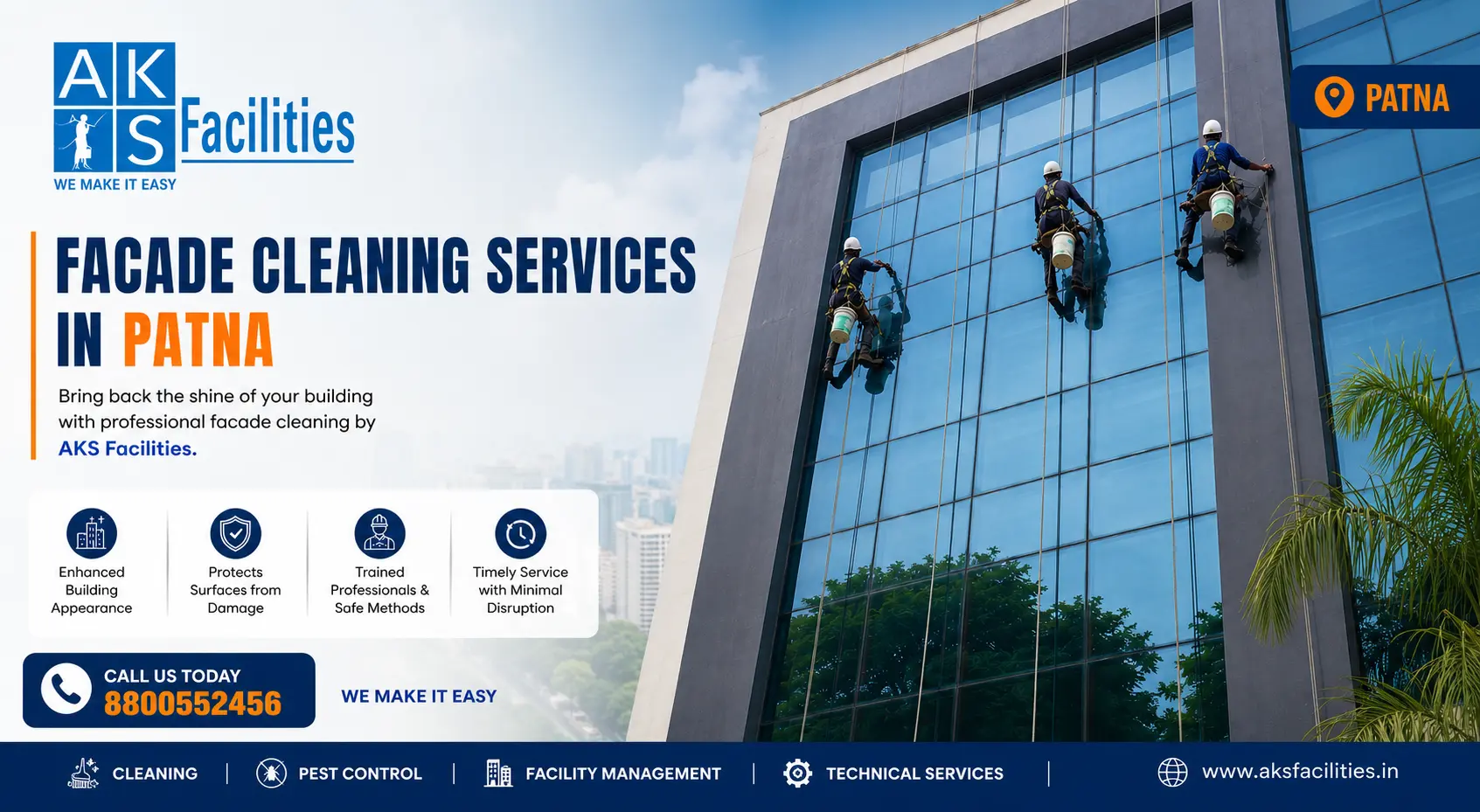 Professional facade cleaning services in Patna by AKS Facilities – high-rise glass and ACP panel cleaning