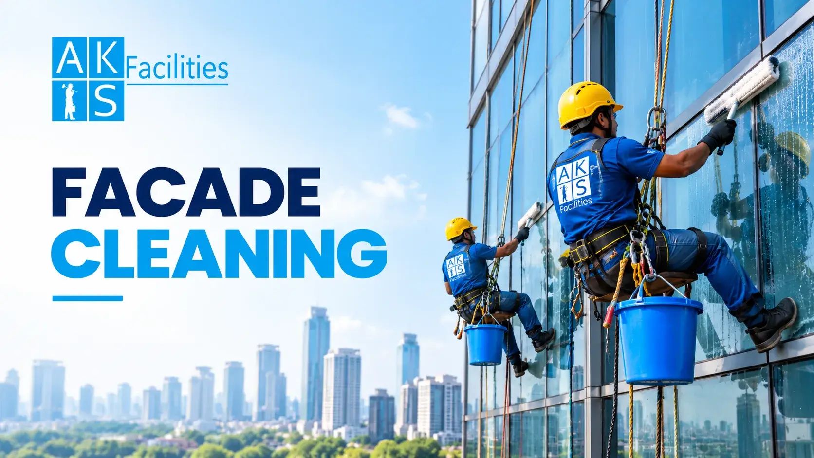 AKS Facilities professional facade cleaning team working on a high-rise glass building