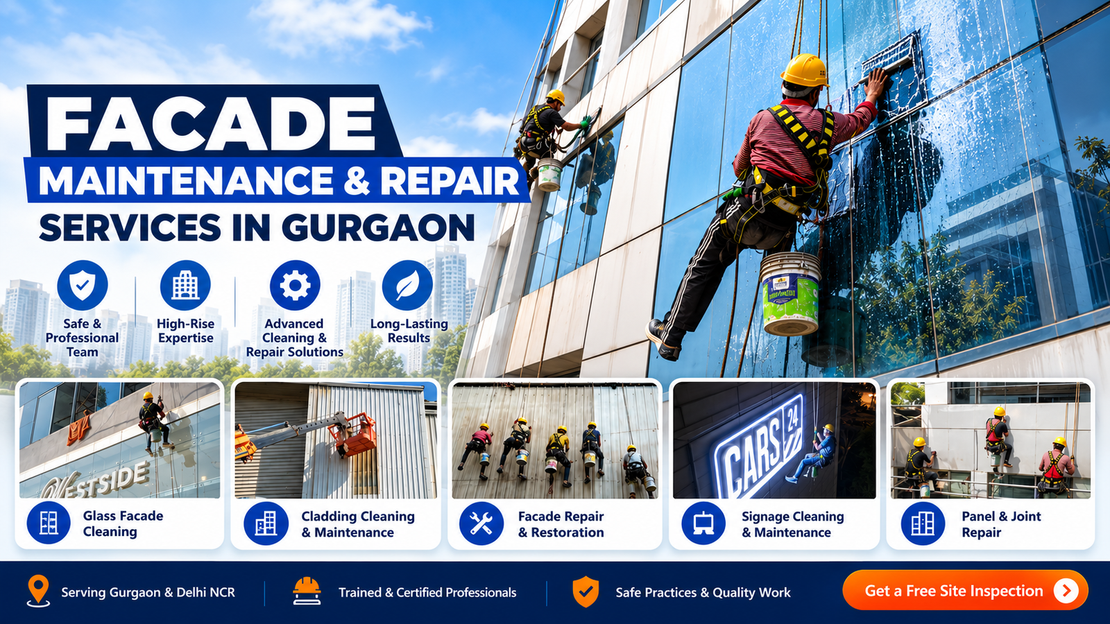 Technicians carrying out facade maintenance and repair on a high-rise building in Gurgaon