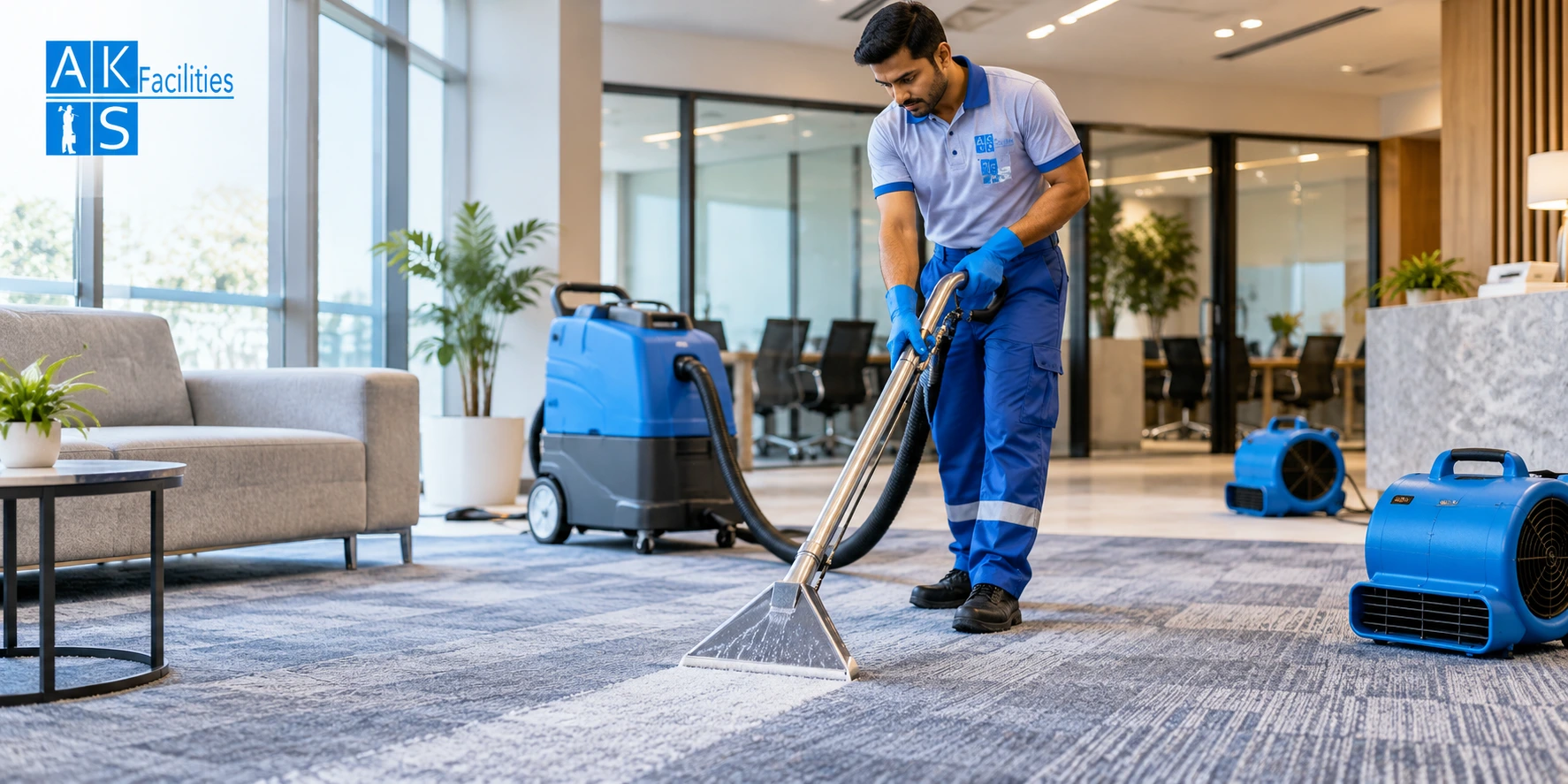 Professional carpet deep cleaning in a modern office in Manesar